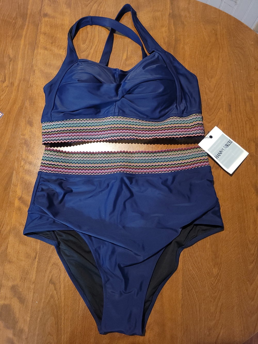 Navy One-Piece Swimsuit with Multicolor Zigzag Waistband